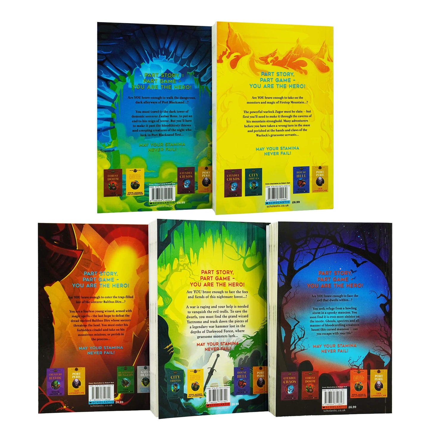 Fighting Fantasy RPG Books 1-5 Collection Set ( The Warlock of Firetop Mountain, City of Thieves, Citadel of Chaos, The Forest of Doom & House of Hell)