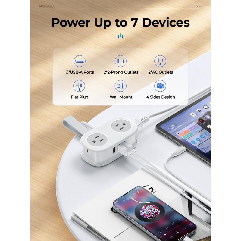 🔌7 in 1 Travel Power Strip, 4 Outlets 2 USB Ports