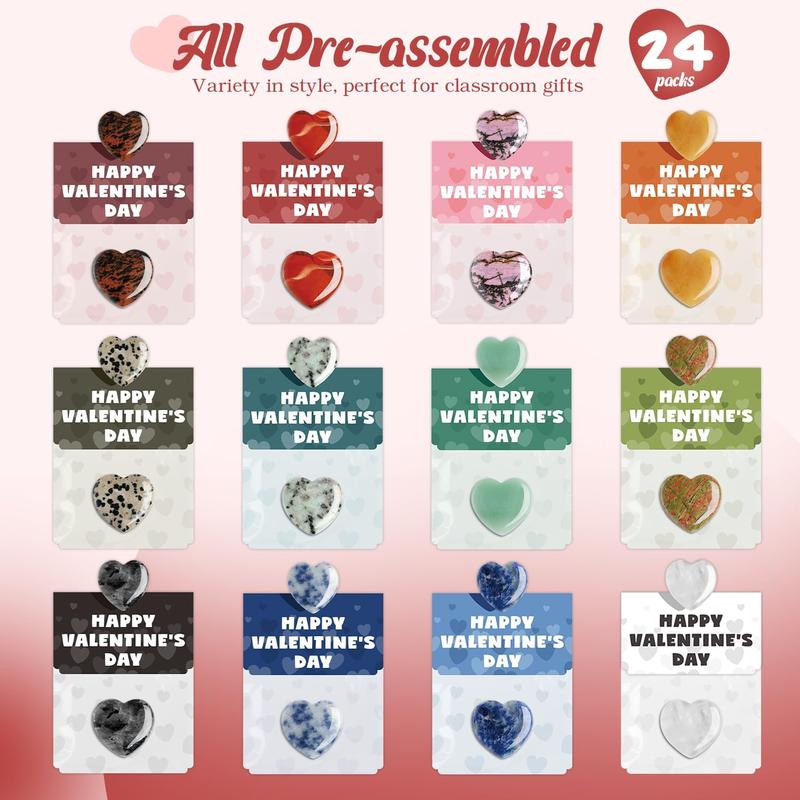 Valentine's Day Gem Gifts for Kids&Adults – 24 Pack Prefilled Cards with Heart-Shaped Gemstones