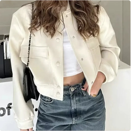 Chaqueta informal de mujer con cuello alto y botones y bolsillos grandes: abrigo corto holgado