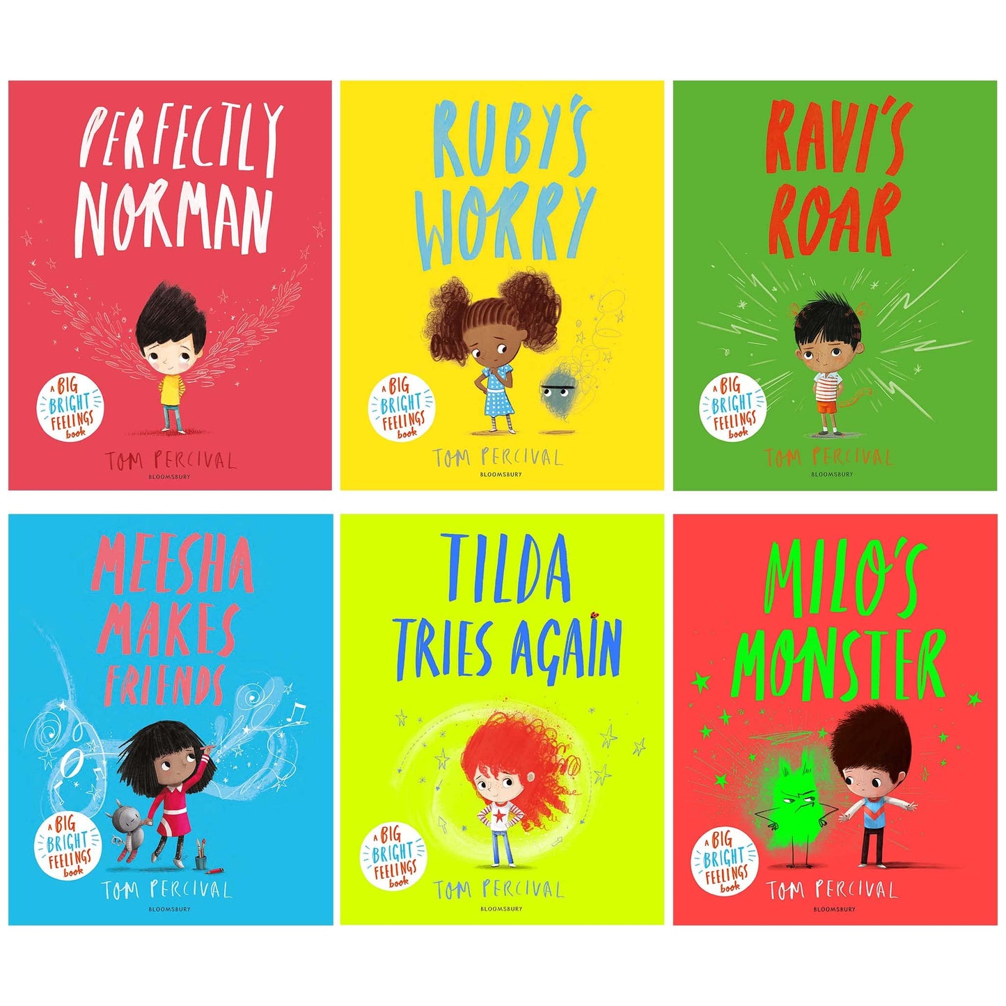 A Big Bright Feelings Collection 6 Books Set by Tom Percival (Perfectly Norman, Rubys Worry, Ravis Roar, Meesha Makes Friends, Tilda Tries Again & Milos Monster)