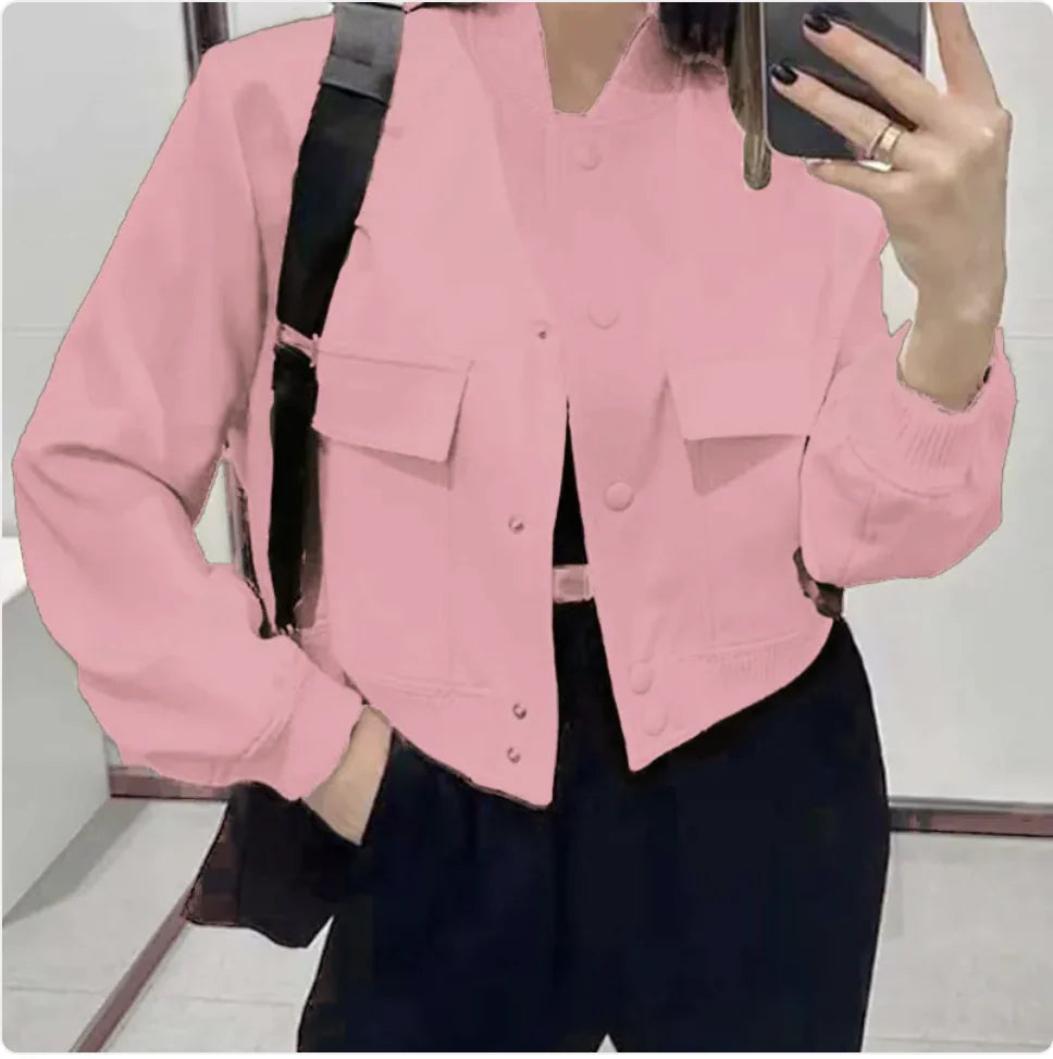 Chaqueta informal de mujer con cuello alto y botones y bolsillos grandes: abrigo corto holgado