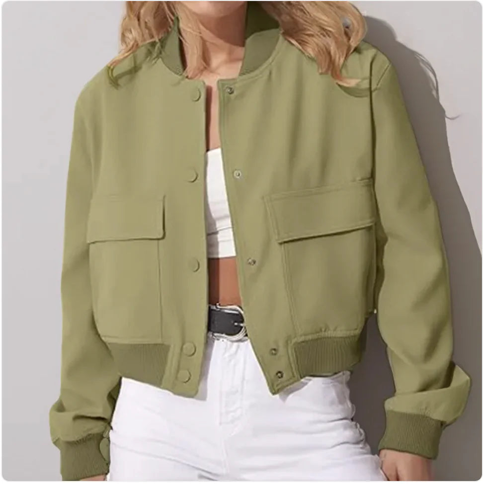 Chaqueta informal de mujer con cuello alto y botones y bolsillos grandes: abrigo corto holgado