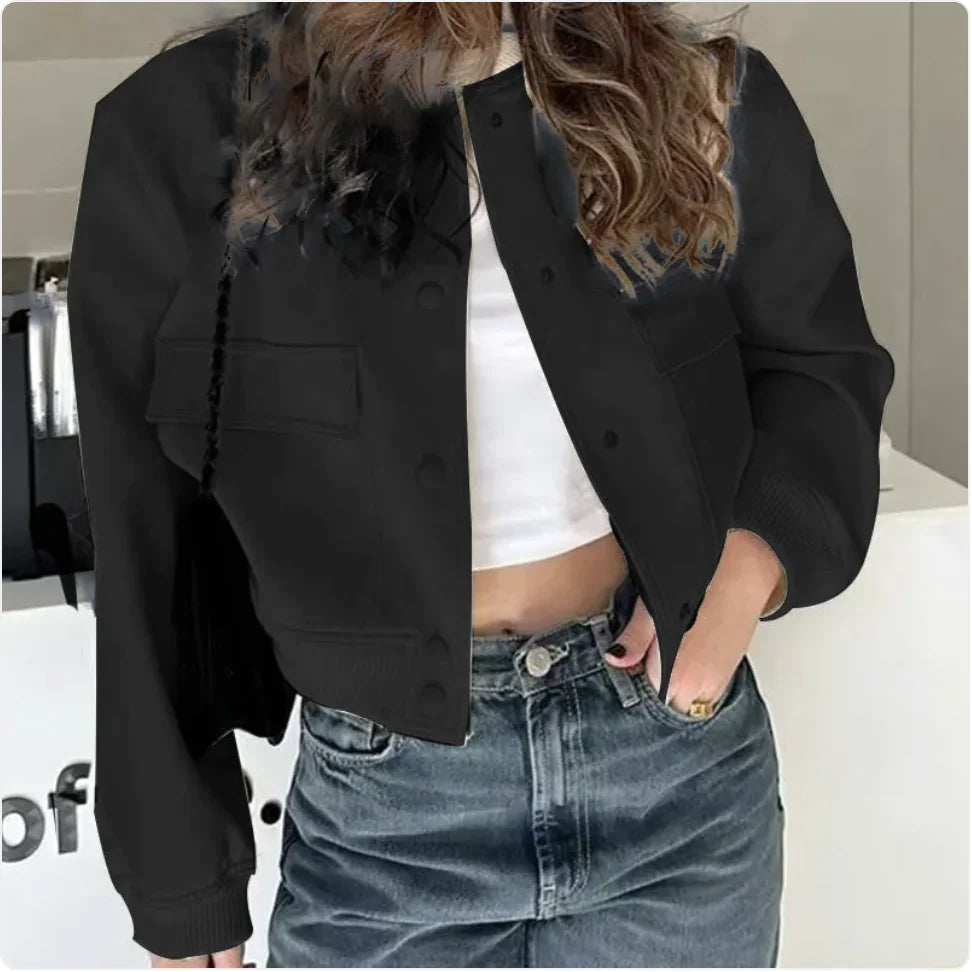 Chaqueta informal de mujer con cuello alto y botones y bolsillos grandes: abrigo corto holgado