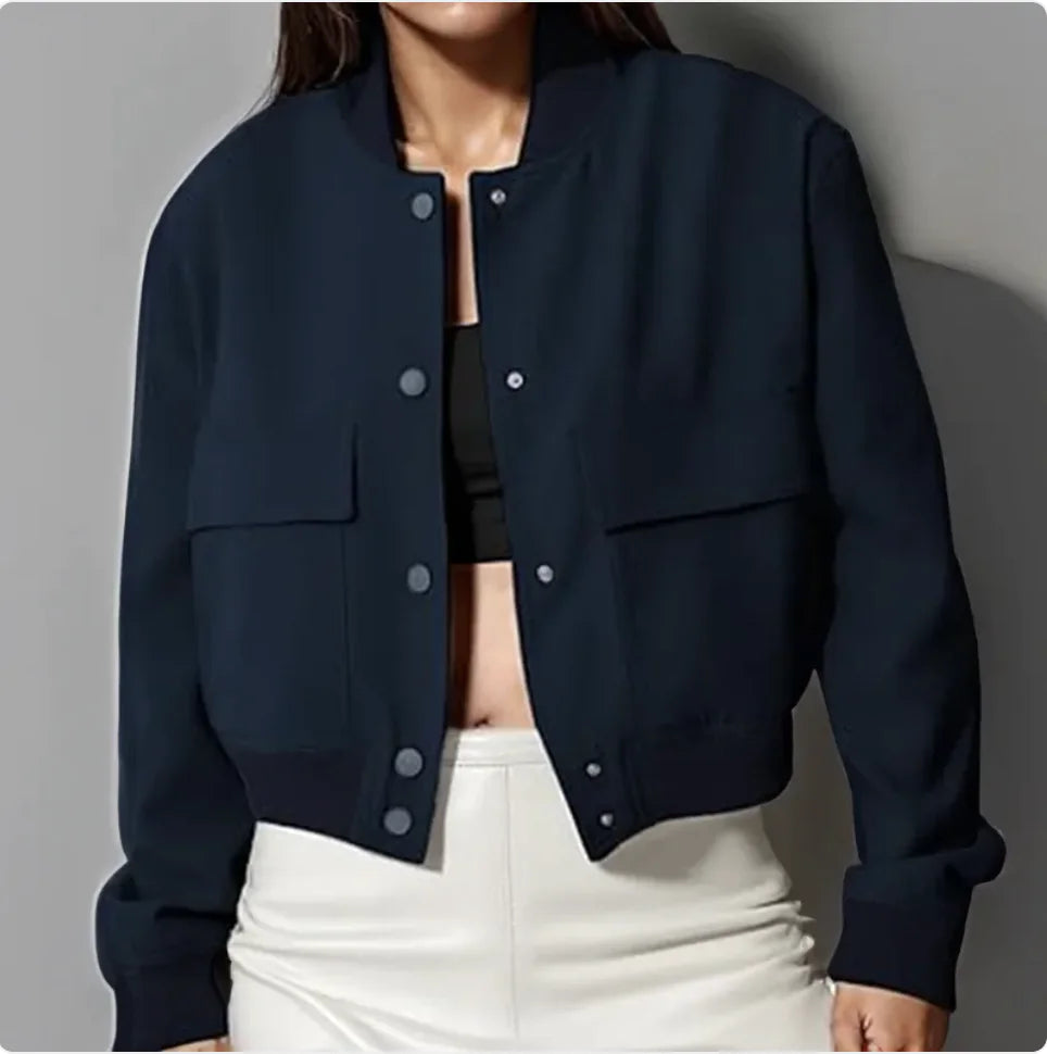 Chaqueta informal de mujer con cuello alto y botones y bolsillos grandes: abrigo corto holgado