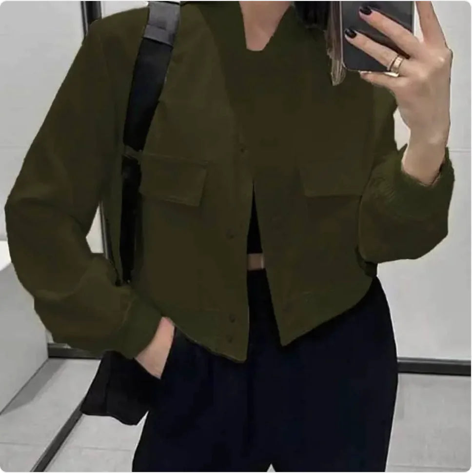 Chaqueta informal de mujer con cuello alto y botones y bolsillos grandes: abrigo corto holgado